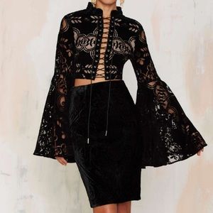 Nasty Gal black lace up bell sleeve renaissance crop top size XS